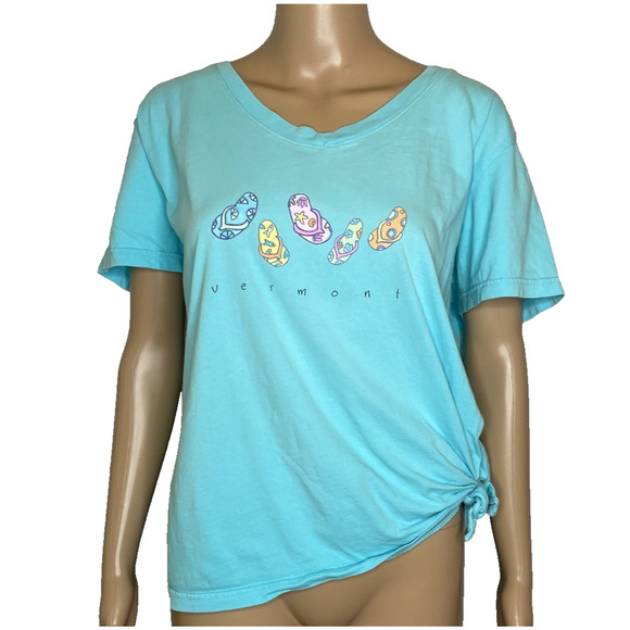 Women's Large Fresh Produce Vermont Flip Flop Cotton V-Neck Blue T-Shirt - Picture 1 of 4